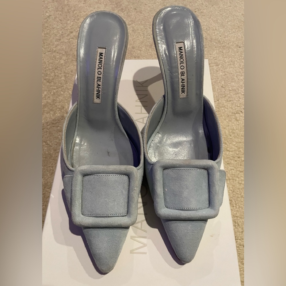 Manolo Blahnik Light Blue Suede Mules